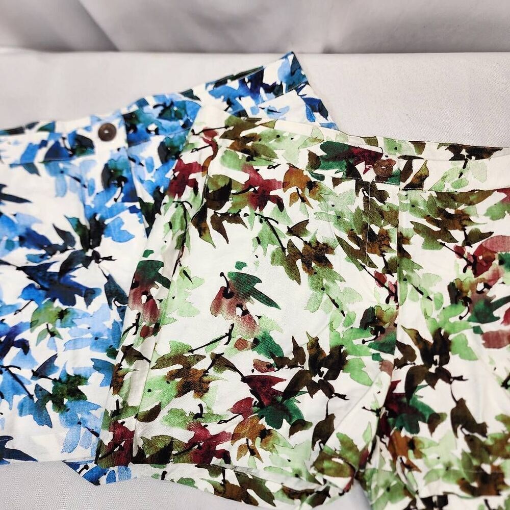 UPTOWN Women's 2 Pairs Floral 100% Linen High-waisted Shorts Blue And Green 34
